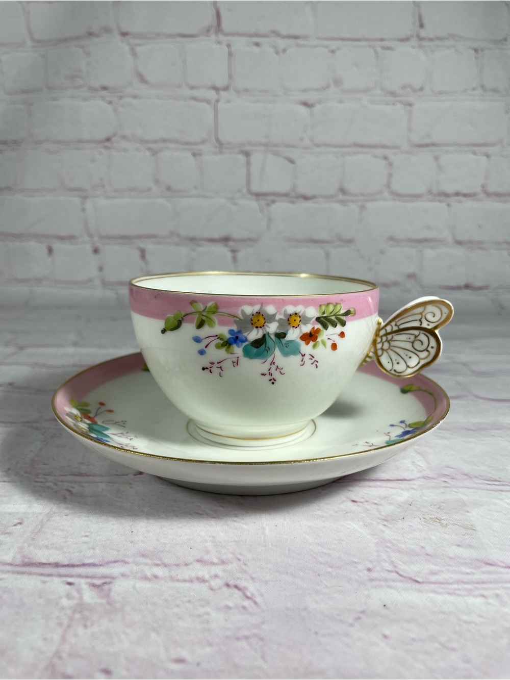 Vintage Floral and Butterfly Gold Trim Porcelain Teacup and Saucer Set - Picture 2 of 11